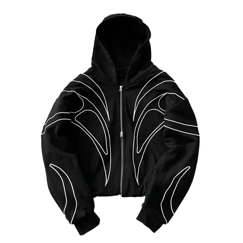 Striped Embroidered Black Double Zipper Hoodie