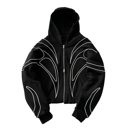 Striped Embroidered Black Double Zipper Hoodie