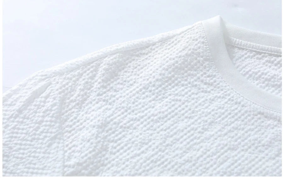 Summer Textured Seersucker Tee For Men Slim Fit Round Neck Short Sleeve Shirt Lightweight Breathable Top Mens Summer T Shirt