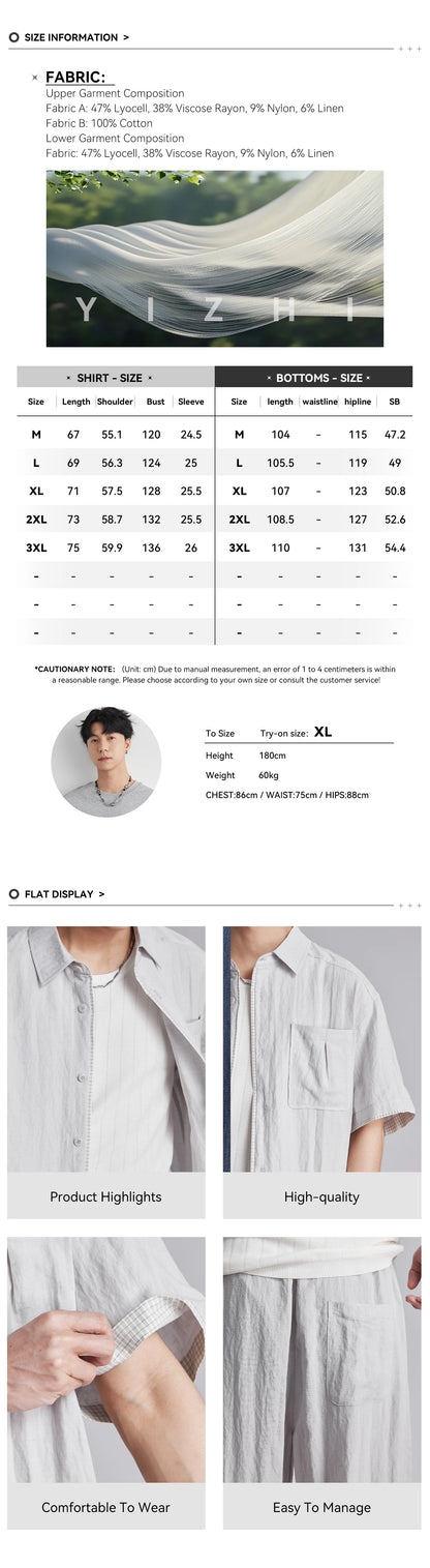 Fashion Men's Lyocell Linen 2-Piece Set 2026 Summer Turn-Down Collar Loose Casual Cool Touch Shirt and Shorts Set