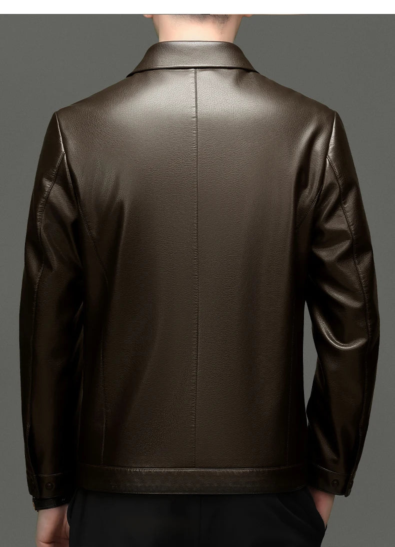 YN-2335 Spring and Autumn Men's Genuine Leather Polo Mock Neck Jacket Fashion Slim Sheepskin Coat Black Grey Husband Gift Youth