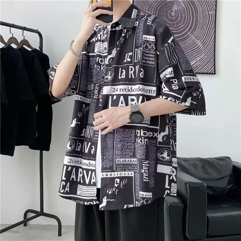 Casual Japanese Style Men's Shirt Summer Thin Short Sleeve Floral Pattern Streetwear Versatile Newspaper Design Five-Quarter Sle