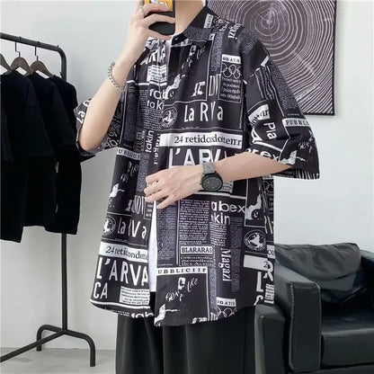 Casual Japanese Style Men's Shirt Summer Thin Short Sleeve Floral Pattern Streetwear Versatile Newspaper Design Five-Quarter Sle