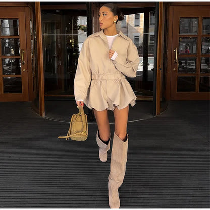Trendy Women's Shorts Suits Set Beige Lapel Collar Zip Up Long Sleeve Jacket and High Waist Bubble Skorts Casual Coat Streetwear