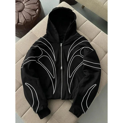 Striped Embroidered Black Double Zipper Hoodie