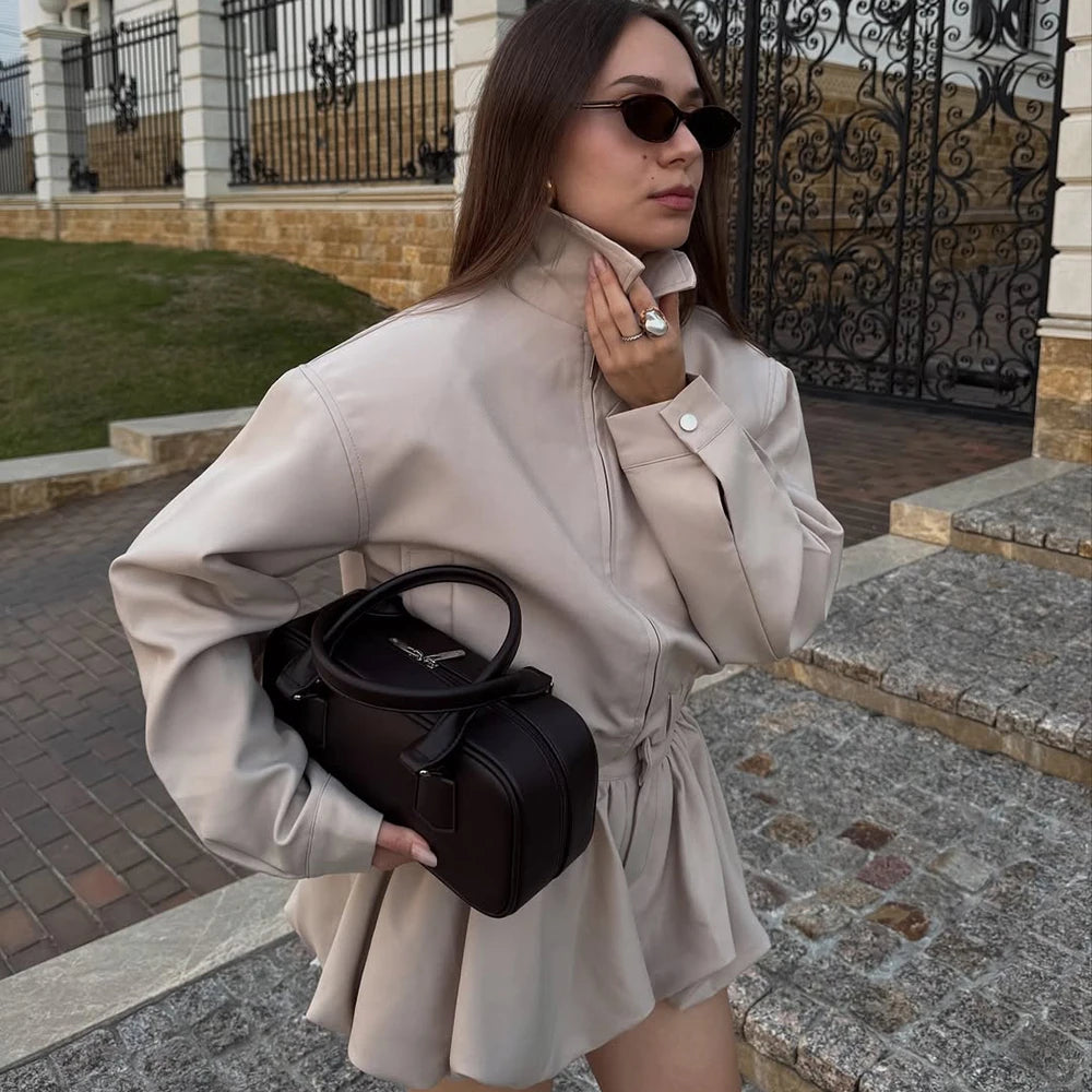Tuularose Women's 2 Piece Fashion Lapel Zip Jacket Pleated Shorts Suit Vintage Streetwear New Party  Autumn Female Short Sets
