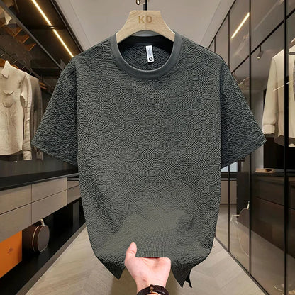 Summer Textured Seersucker Tee For Men Slim Fit Round Neck Short Sleeve Shirt Lightweight Breathable Top Mens Summer T Shirt