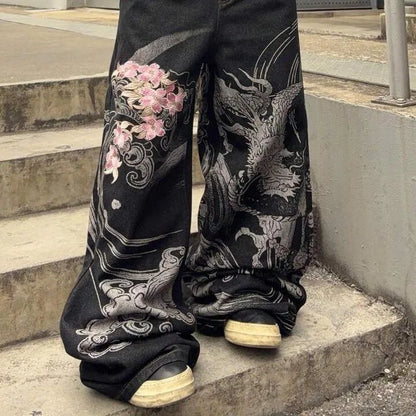 Hip Hop Cherry Blossom Embroidered Baggy Jeans