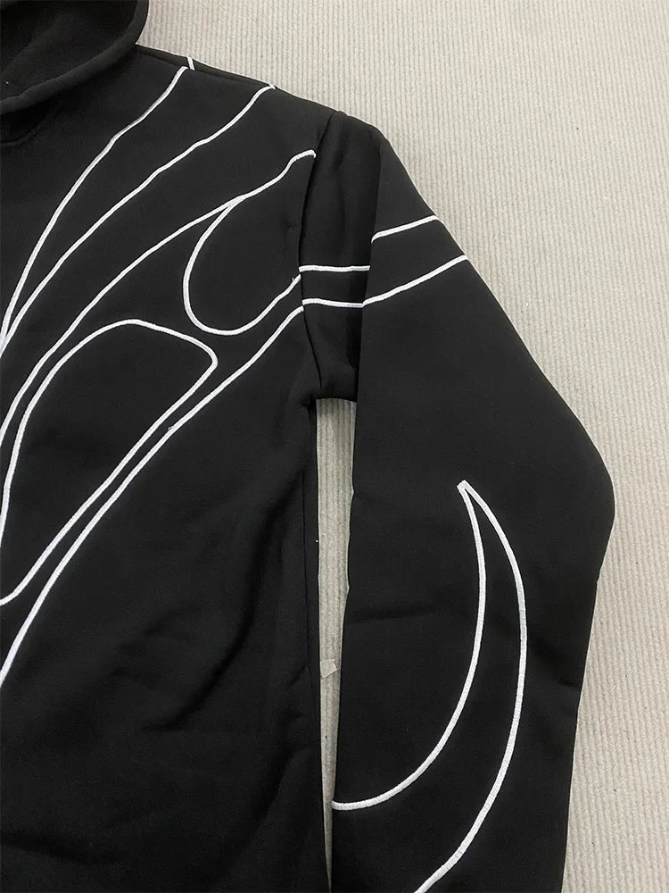 Striped Embroidered Black Double Zipper Hoodie