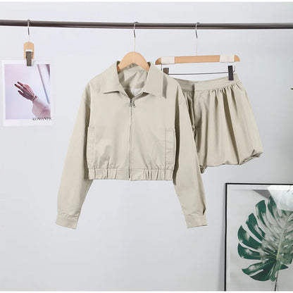 Trendy Women's Shorts Suits Set Beige Lapel Collar Zip Up Long Sleeve Jacket and High Waist Bubble Skorts Casual Coat Streetwear