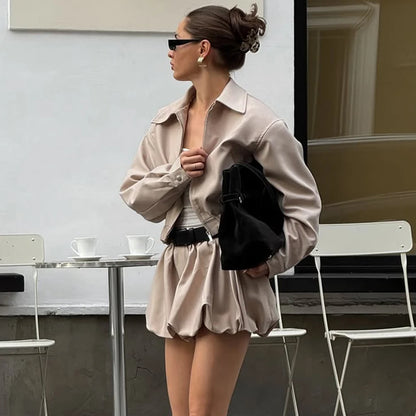 Tuularose Women's 2 Piece Fashion Lapel Zip Jacket Pleated Shorts Suit Vintage Streetwear New Party  Autumn Female Short Sets