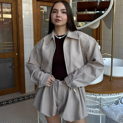 Tuularose Women's 2 Piece Fashion Lapel Zip Jacket Pleated Shorts Suit Vintage Streetwear New Party  Autumn Female Short Sets
