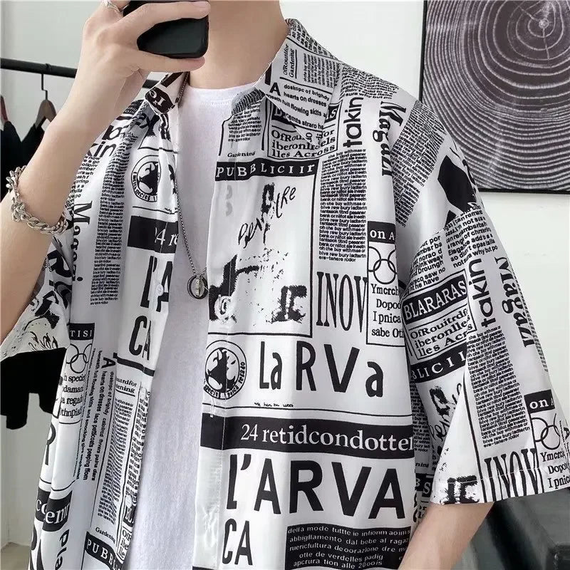 Casual Japanese Style Men's Shirt Summer Thin Short Sleeve Floral Pattern Streetwear Versatile Newspaper Design Five-Quarter Sle