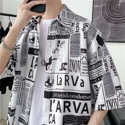 Casual Japanese Style Men's Shirt Summer Thin Short Sleeve Floral Pattern Streetwear Versatile Newspaper Design Five-Quarter Sle