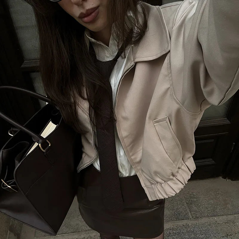 Trendy Women's Shorts Suits Set Beige Lapel Collar Zip Up Long Sleeve Jacket and High Waist Bubble Skorts Casual Coat Streetwear