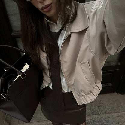 Trendy Women's Shorts Suits Set Beige Lapel Collar Zip Up Long Sleeve Jacket and High Waist Bubble Skorts Casual Coat Streetwear