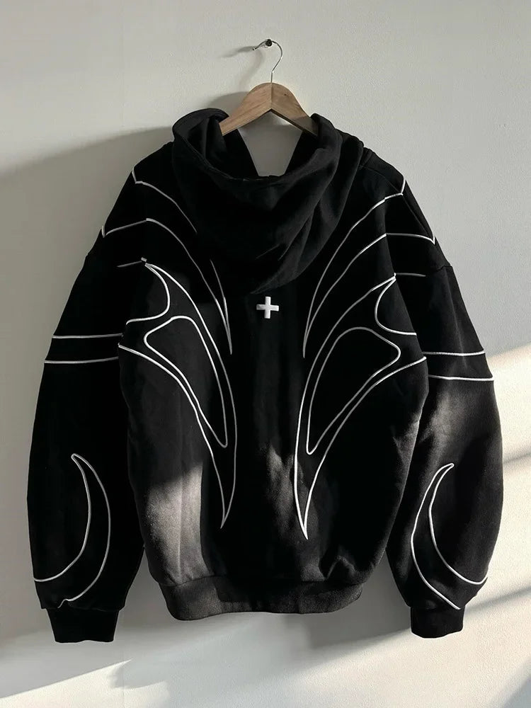 Striped Embroidered Black Double Zipper Hoodie
