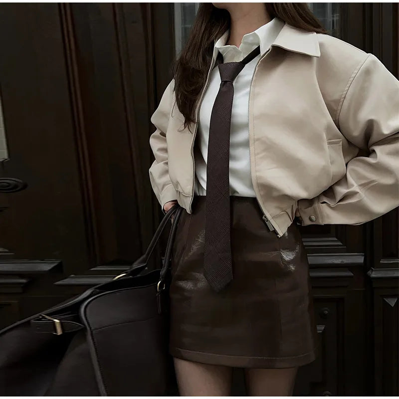 Trendy Women's Shorts Suits Set Beige Lapel Collar Zip Up Long Sleeve Jacket and High Waist Bubble Skorts Casual Coat Streetwear