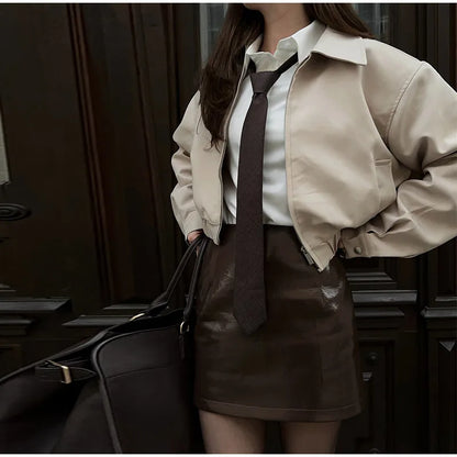 Trendy Women's Shorts Suits Set Beige Lapel Collar Zip Up Long Sleeve Jacket and High Waist Bubble Skorts Casual Coat Streetwear